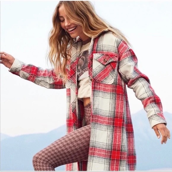 Aerie Oversized Plaid Cotton Flannel Long Shacket Chilly Red/Ivory Womens Size L - Picture 2 of 6